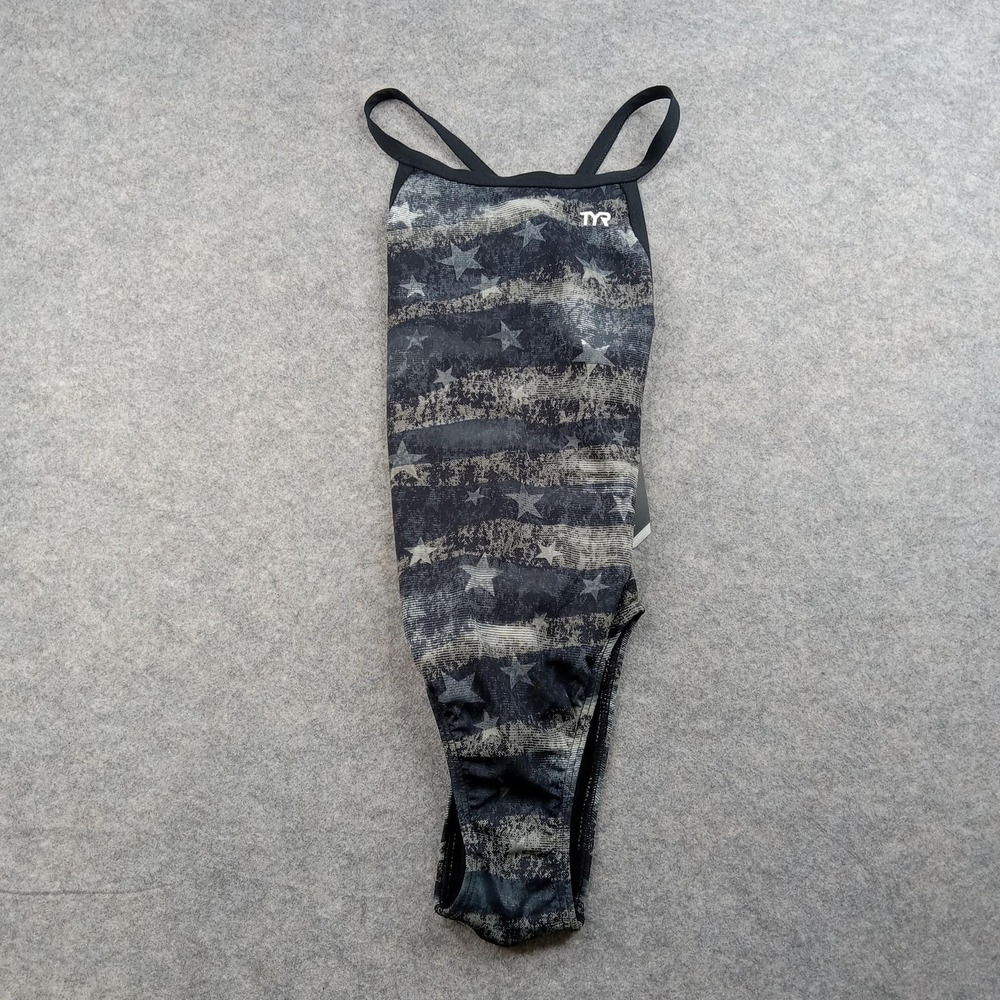 TYR Swimsuit Womens Small 30 One Piece Black Gray Flag‎ Stars Training Suit